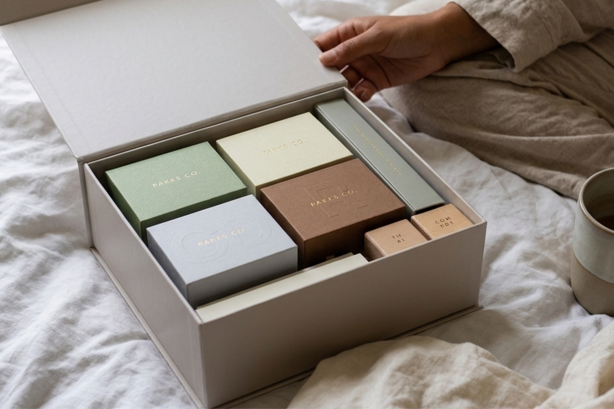 A hand lifting the lid of the Ultimate Connection keepsake box on a bed, four decks, two slim boxes and dice inside
