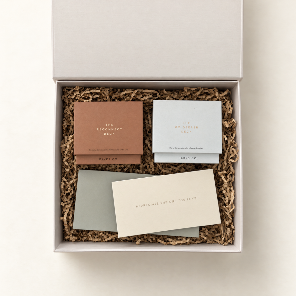 The Back to Us Pakk: Reconnect and Go Deeper decks, Get Closer coupons and Appreciation Notes in an open keepsake box with shred