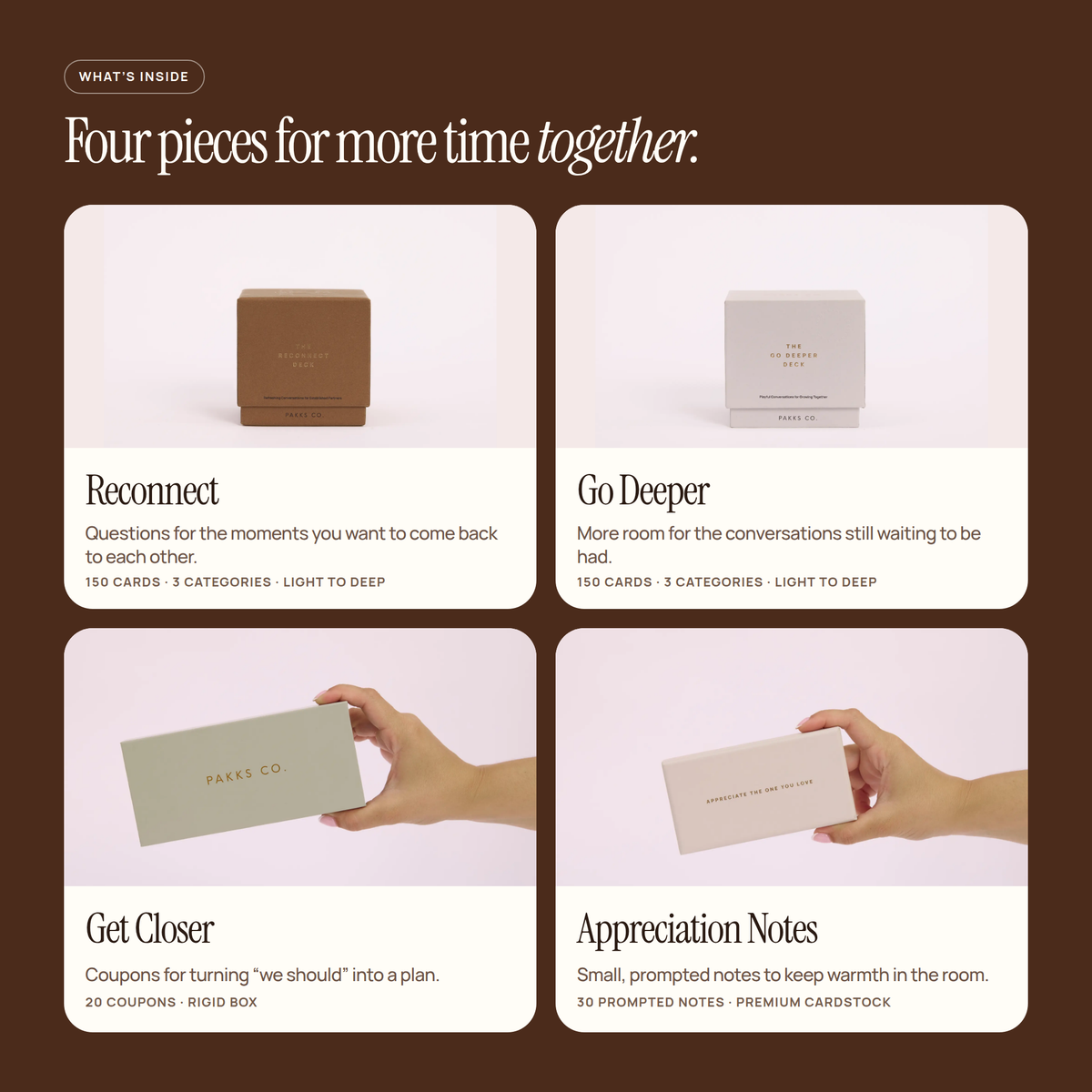 What's inside the Back to Us Pakk: the Reconnect and Go Deeper decks, Get Closer coupons and Appreciation Notes