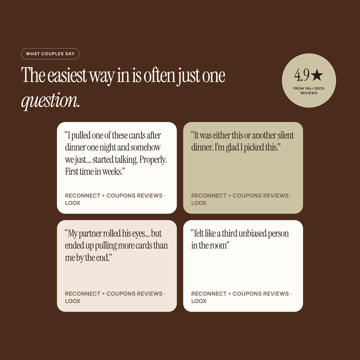 Four customer review quotes about the Reconnect Deck and coupons on a brown background