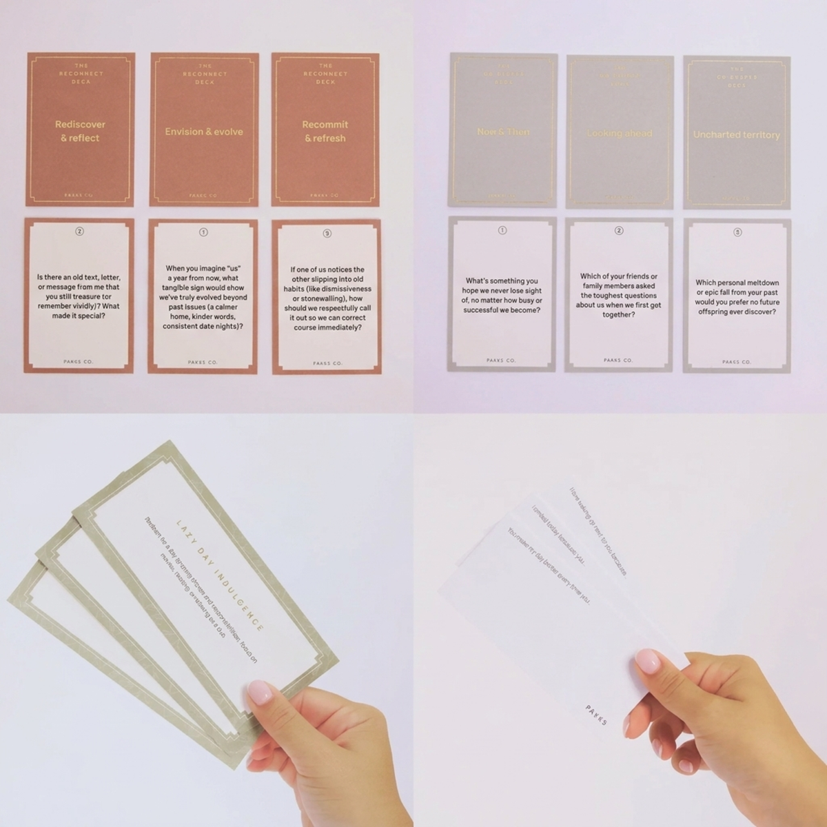 Sample pieces: Reconnect and Go Deeper category cards with example questions, a hand holding coupons and a written note