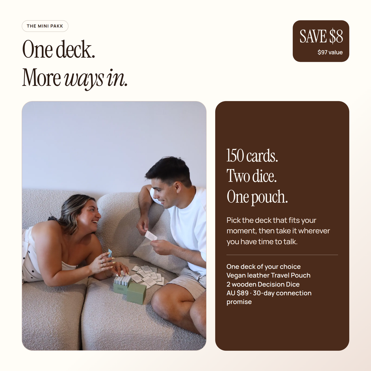 Mini Pakk overview: a couple laughing on a sofa with their cards, plus one 150-card deck, two dice and a pouch