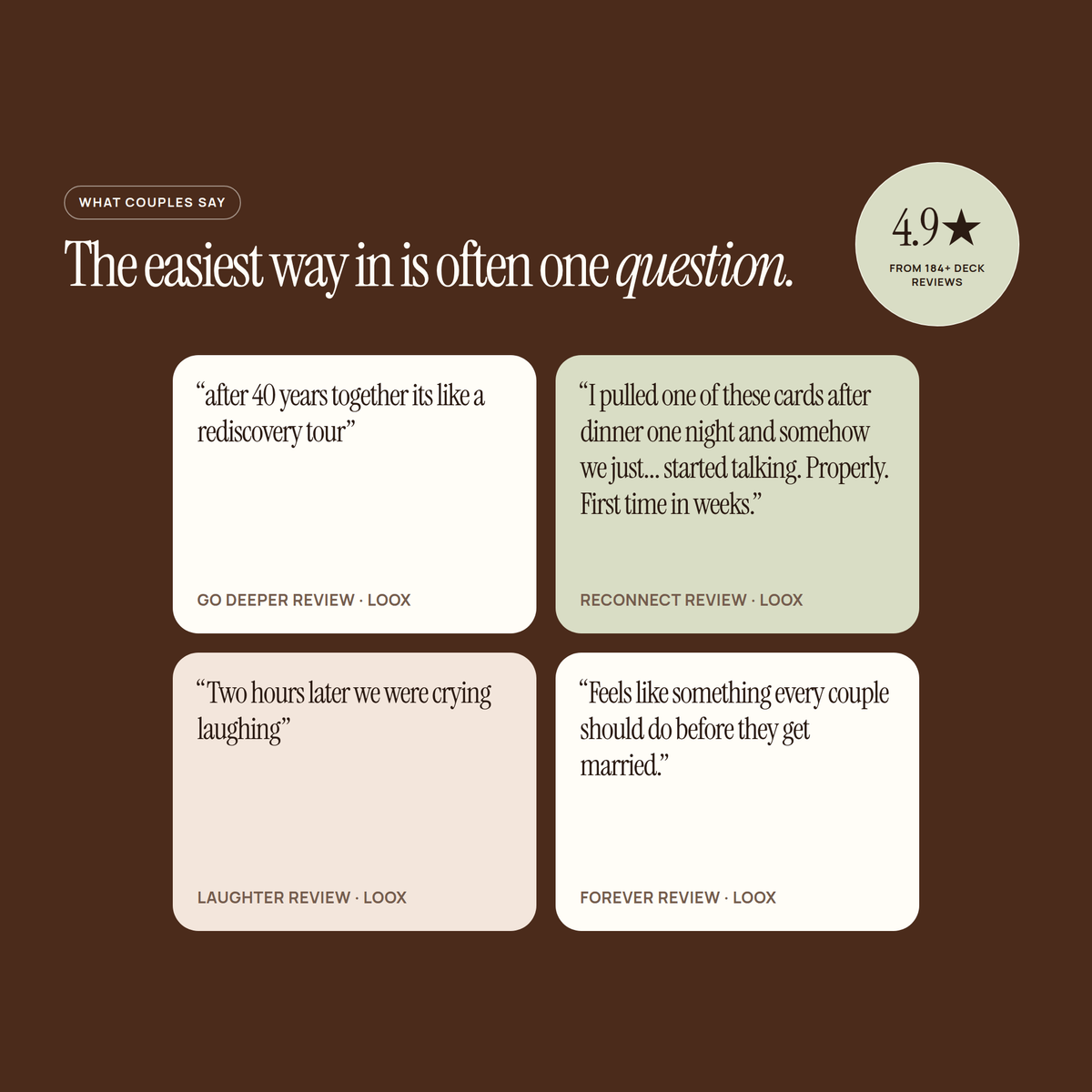 Four short customer review quotes, one each for the Go Deeper, Reconnect, Laughter and Forever decks
