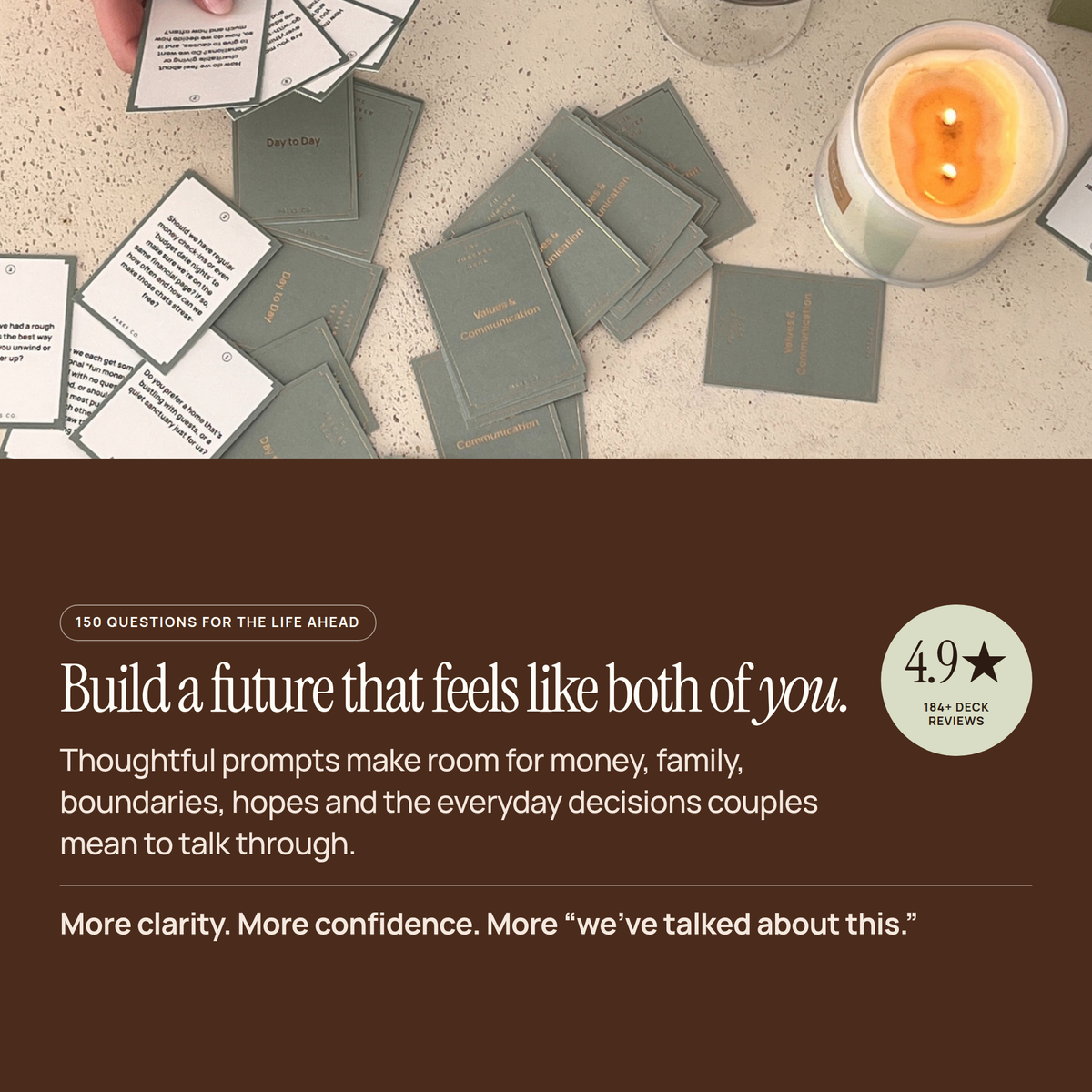 Forever Deck cards spread beside a candle, above the line "Build a future that feels like both of you."