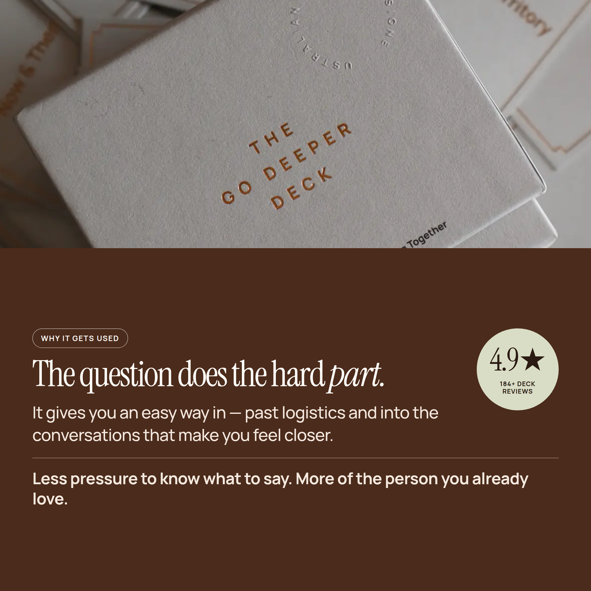 Close-up of the Go Deeper Deck box above the line "The question does the hard part."
