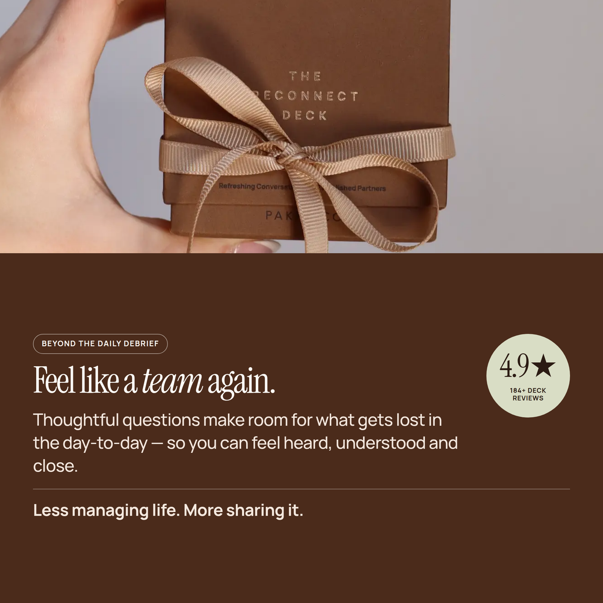 The Reconnect Deck box tied with a ribbon, above the line "Feel like a team again."