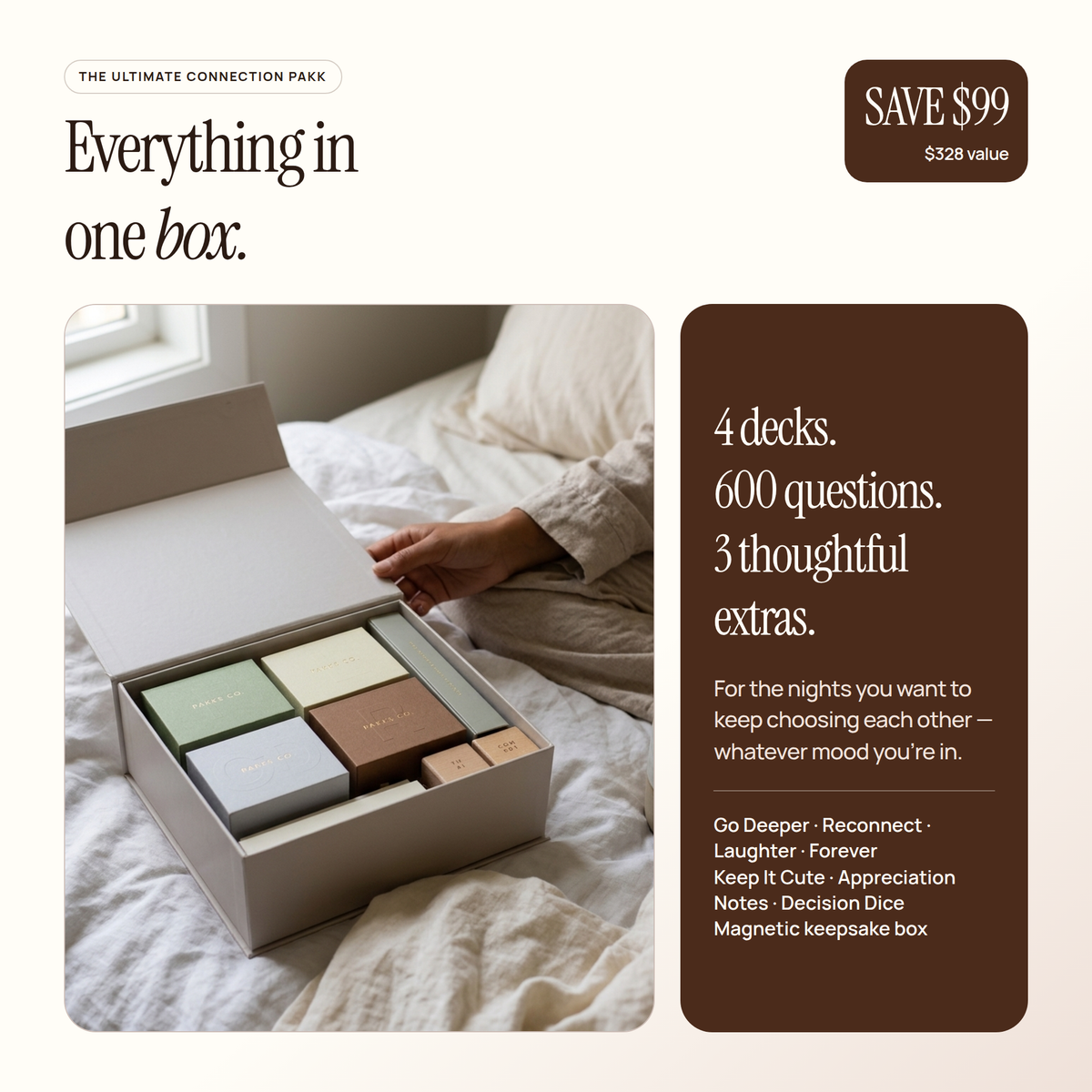 Ultimate Connection Pakk overview: a hand opening the box on a bed, with four decks, 600 questions and three extras