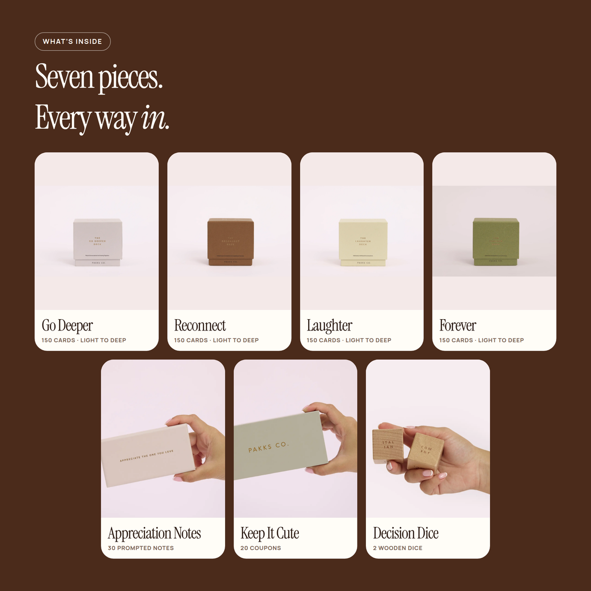 What's inside the Ultimate Connection Pakk: four decks plus Appreciation Notes, Keep It Cute coupons and Decision Dice