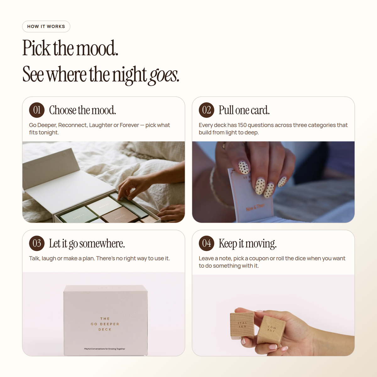 Four steps: choose the mood, pull one card, let it go somewhere, then keep it moving with notes, coupons or dice