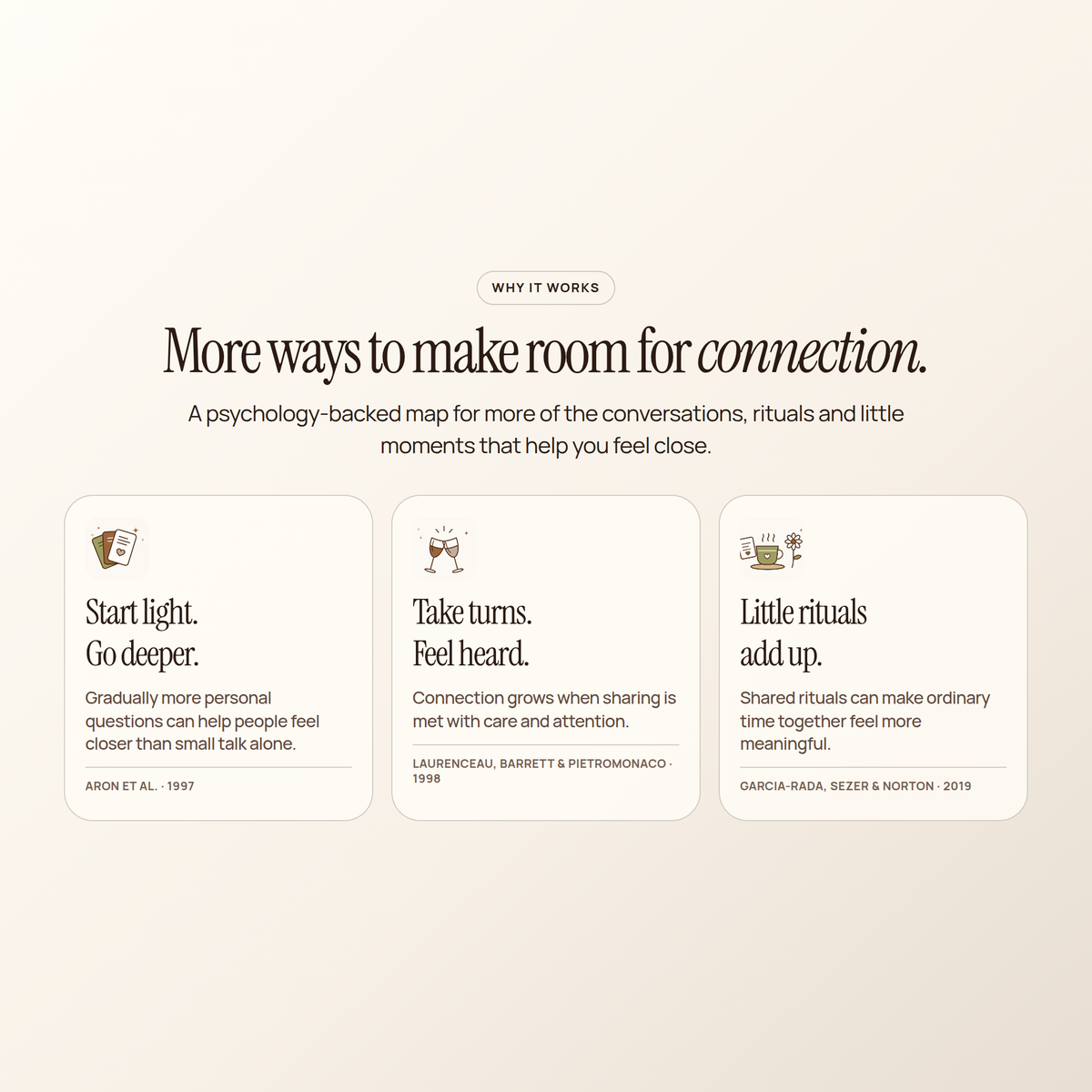 Why it works: "More ways to make room for connection", with three ideas: start light, take turns, little rituals add up