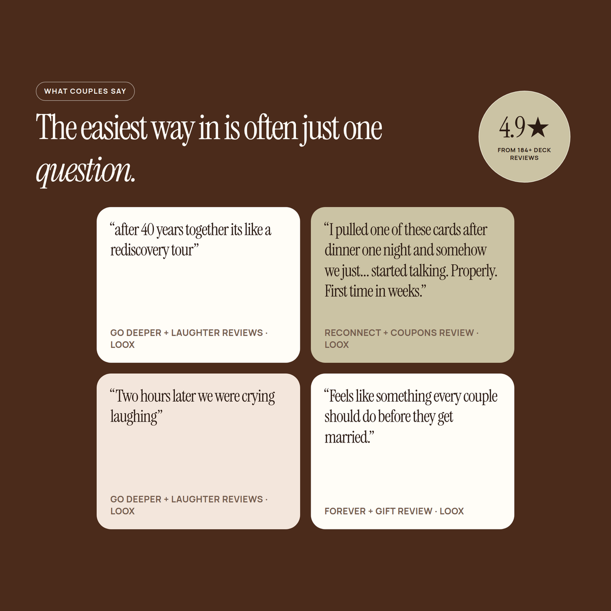 Four customer review quotes about different decks on a brown background